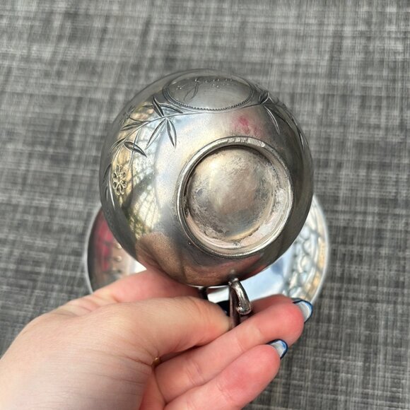 Antique Meriden Quadruple Silver Plate Demitasse Cup & Saucer – Floral Engraved - Picture 6 of 10